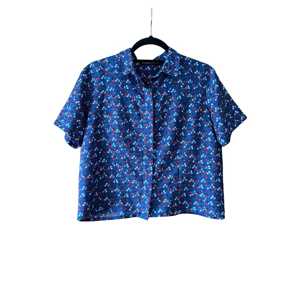 Sugarhill Boutique Women's Cherry Novelty Print Button Up Blouse Navy Blue SZ 6